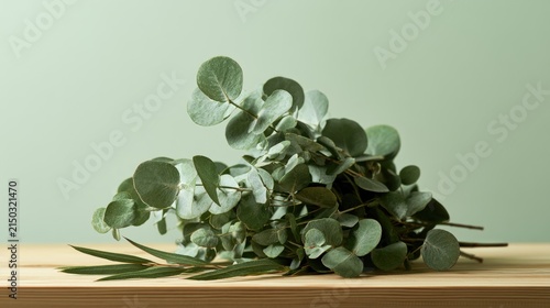Eucalyptus branches with round leaves on a wooden surface against a soft green background.