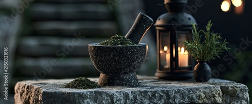 Mysterious Alchemical Setup with Mortar, Pestle, and Candle Lantern on Stone Table.
