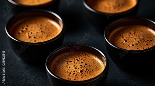 Rich Espresso Coffee Cups Top View Close Up.