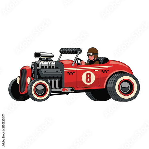 Red Hot Rod Car with Driver, Vintage Style, Flat Design Illustration