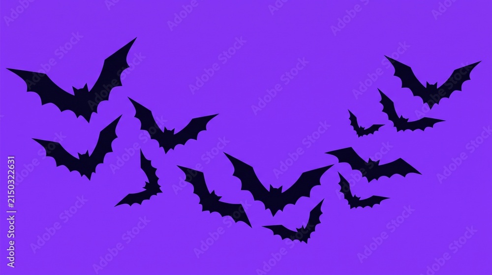 Obraz premium Silhouettes of flying bats against a vibrant purple background perfect for halloween themed designs and spooky concepts