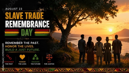 People standing together overlooking a calm river during golden hour sunset to observe slave trade remembrance day with solemn reflection