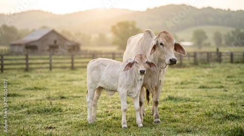 Young Brahman Calf with Mother Cow in Green Tropical Pasture