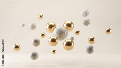 Abstract composition of floating golden spheres and marble textures in soft ambient light