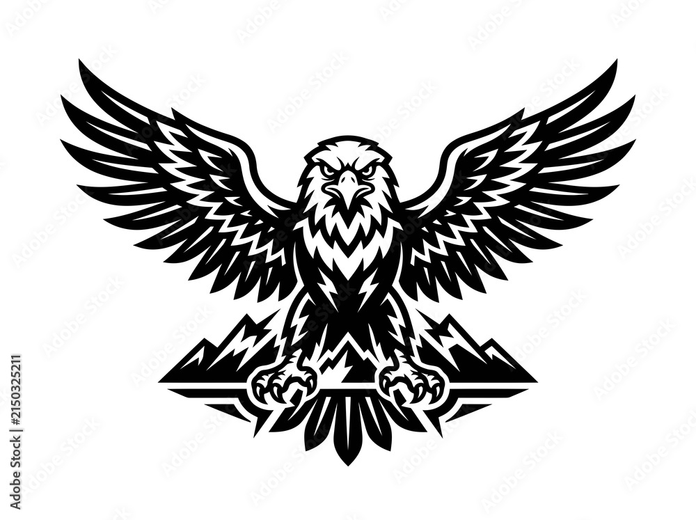 Fototapeta premium Black and White Eagle with Wings Spread Over Mountains, Vector Art