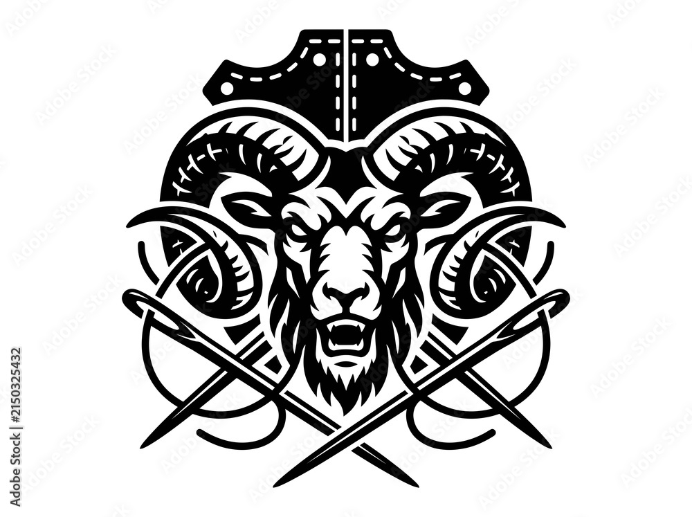 Fototapeta premium Black White Ram Head Mascot Logo with Sewing Needles for Leathercraft, Tailoring Textile Industry - Graphic Art