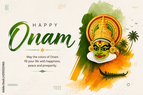 Kathakali mask illustration for festive Onam greeting card featuring vibrant golden decorations and artistic watercolor strokes on textured paper background