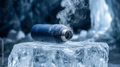 Thermal flask generating steam on a block of ice in a cold environment