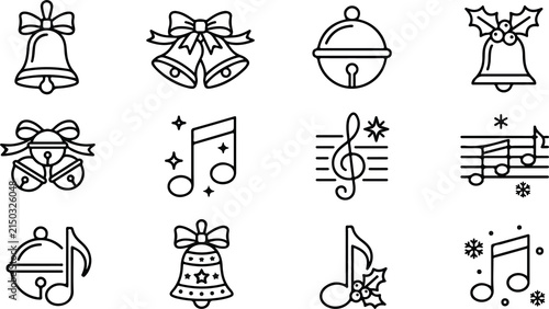Obraz na płótnie Christmas bells and musical notes icons set holiday jingle outline vector illust