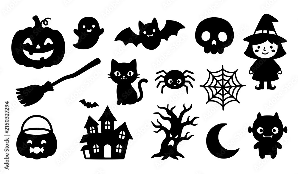 Fototapeta premium Cute Halloween Character Silhouette Icons Pumpkin Ghost Bat Witch Vector Set