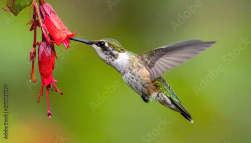 Hummingbird feeding on red flower.