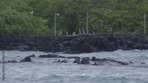 Telephoto shot of Slow motion waves hitting rocks in tortuga bay beach Galapagos