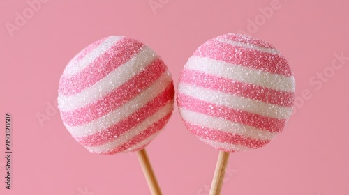 Two Sweet Pink and White Striped Lollipops on Sticks.