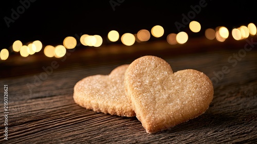 Two Heart Shaped Cookies on a Wooden Surface with Bokeh Lights Background.