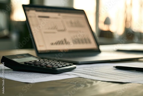 Close-up of Laptop and Calculator on Desk with Financial Documents.