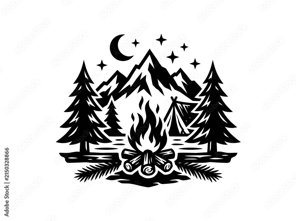 Fototapeta premium Outdoor Camping Adventure Silhouette Glyph Icon: Campfire, Mountains, Tent, and Forest at Night