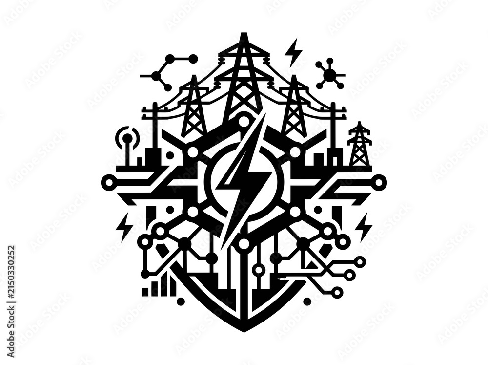 Obraz premium Black White Electric Power and Technology Icon with Lightning Bolt and Grid