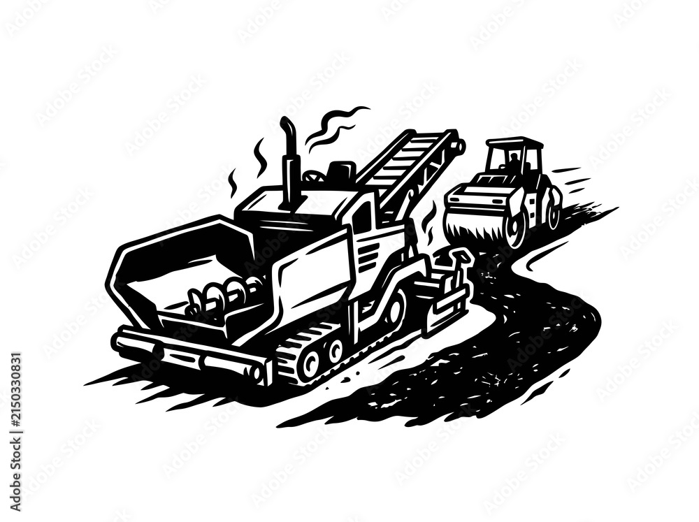 Naklejka premium Road Construction: Asphalt Paver and Road Roller Paving Asphalt in Retro Woodcut Black and White Style