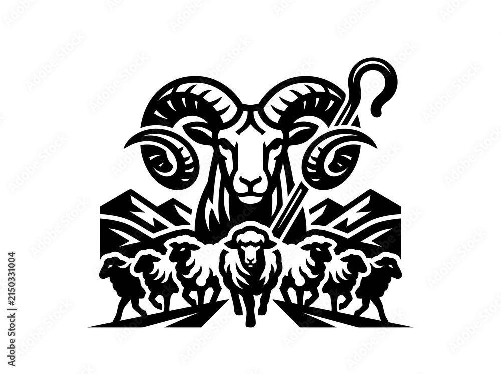 Fototapeta premium Livestock Farming Ram and Sheep Glyph Emblem with Shepherd's Crook, Mountain Landscape - Black White Graphic