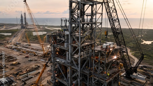 Rocket launch tower construction at sunset