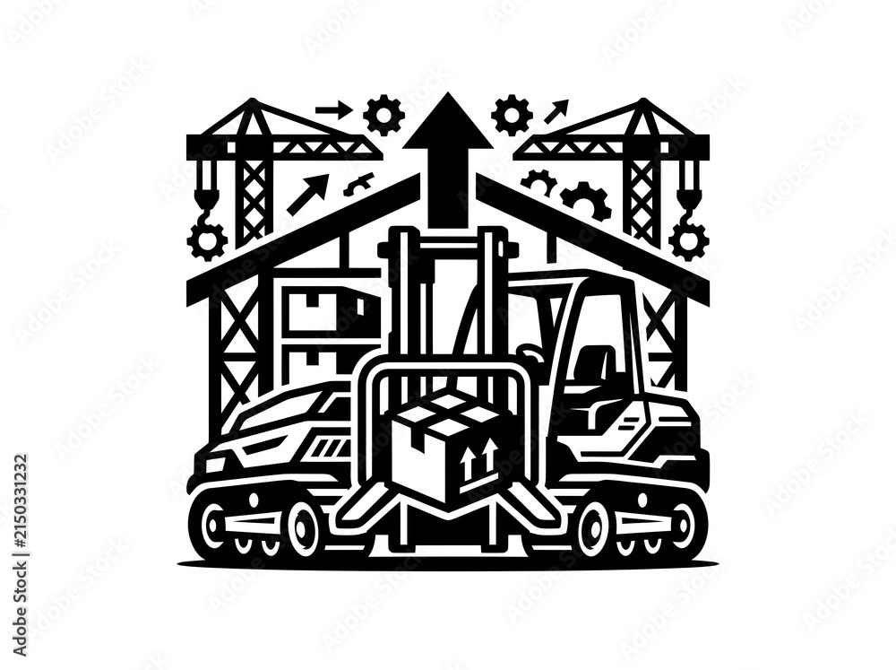 Naklejka premium Warehouse Logistics Icon: Forklift, Crane, Loading Dock Cargo in Black and White Vector Art