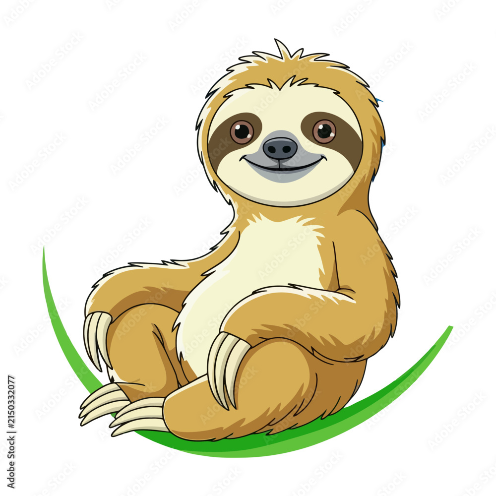 Fototapeta premium Cute cartoon sloth character sitting and smiling isolated on white background with character wildlife illustration isolated tropical friendly adorable creature cheerful portrait children