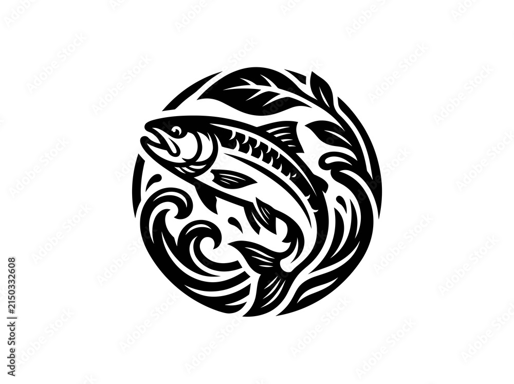 Fototapeta premium Black and White Vector Art of a Salmon Jumping in Water with Leaves