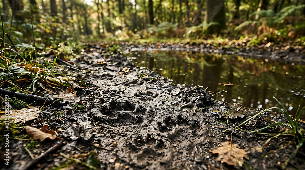 Fototapeta premium Muddy Animal Paw Prints Imprinted in Forest Trail Beside Reflecting Puddle