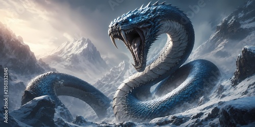 A massive blue snake rises through a snowy mountain landscape, creating a powerful fantasy scene with icy peaks and dramatic natural surroundings.