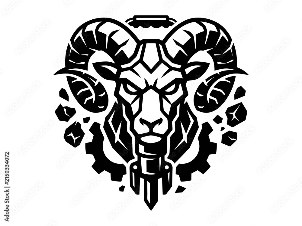 Fototapeta premium Black Ram Head with Gears and Rocks, Vector Glyph Art