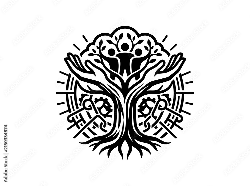 Fototapeta premium Black and White Line Art Tree of Life Symbol with Human Figures and Gears