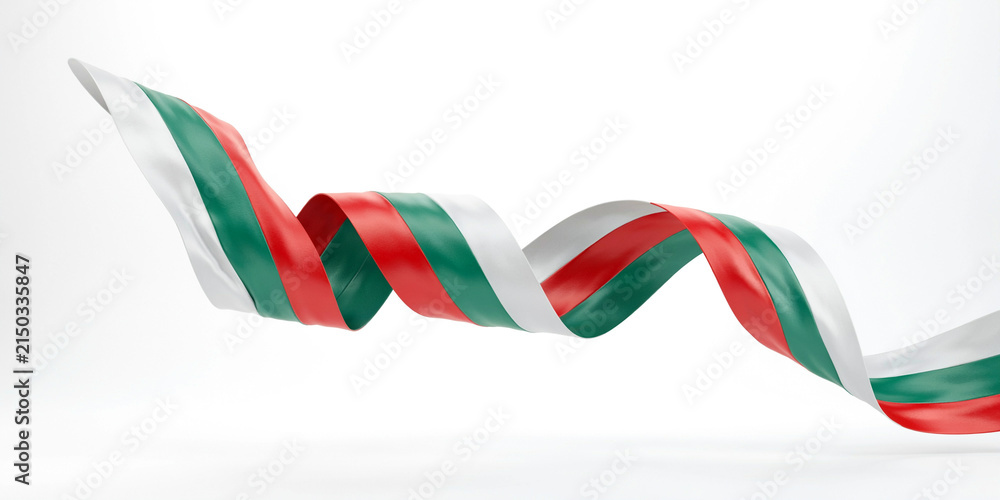 Obraz premium Curled ribbon displaying the bulgarian flag colors on a white background