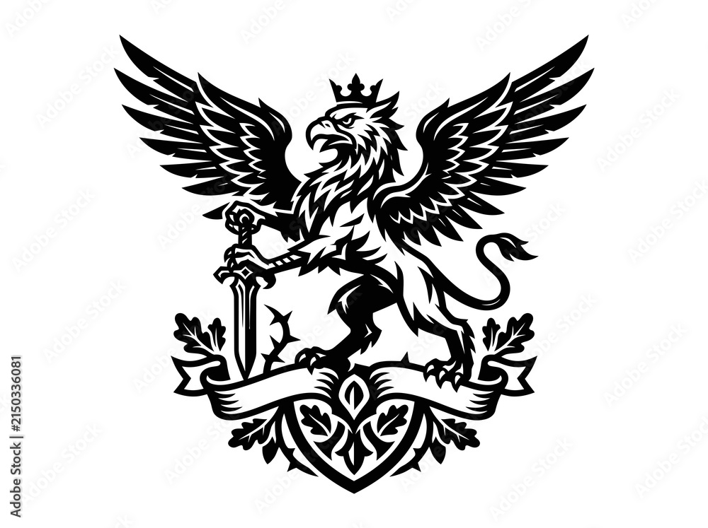 Fototapeta premium Black and White Griffin with Sword and Crown Emblem