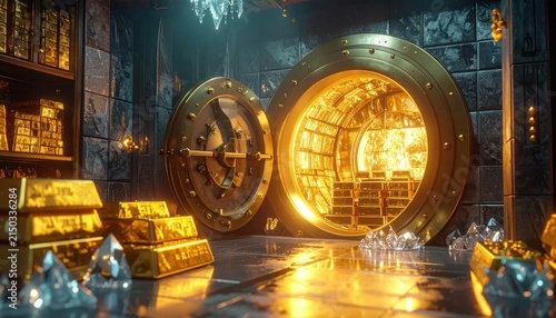 Golden treasure vault with jewels and coins.