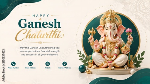 Lord Ganesha golden idol displayed for Ganesh Chaturthi celebration featuring decorative emerald green accents and elegant typography on cream background