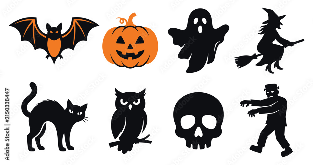 Obraz premium A collection of spooky silhouettes for a happy halloween celebration featuring a pumpkin bat ghost witch cat owl skull and zombie
