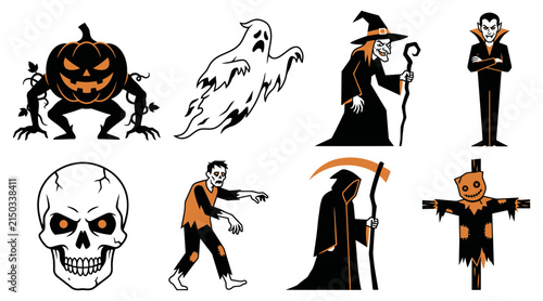 Obraz na plátne A collection of spooky vector illustrations featuring classic monsters and chara