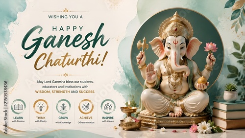 Lord Ganesha sitting majestically in a serene festive graphic design celebrating the auspicious Indian holiday of Ganesh Chaturthi with elegance