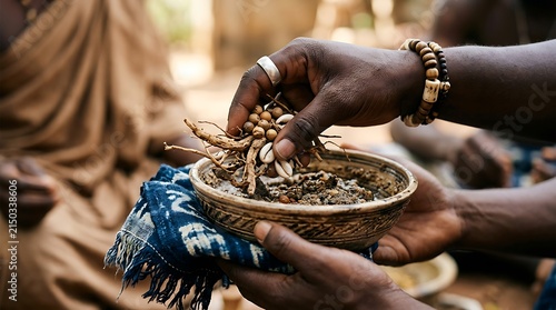 Hands holding a bowl of traditional herbal medicine and roots