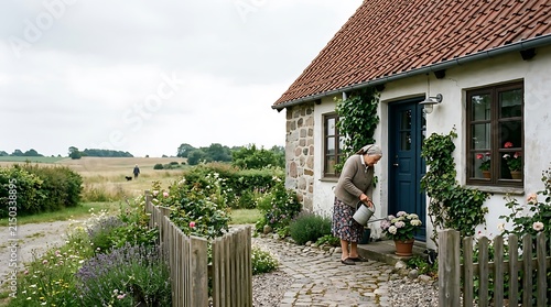 Senior woman watering flowers in front of a rustic cottage garden