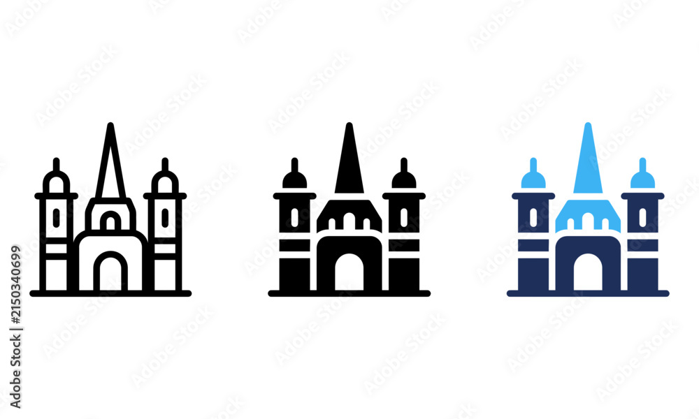 Fototapeta premium Cathedral building icon set in black and blue for design.