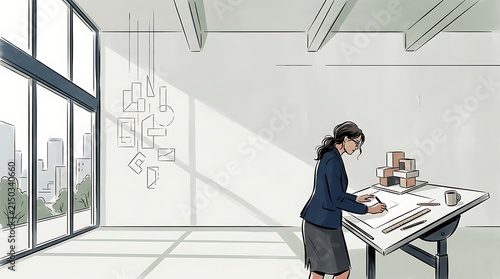 Architect sketching building designs in a bright modern studio