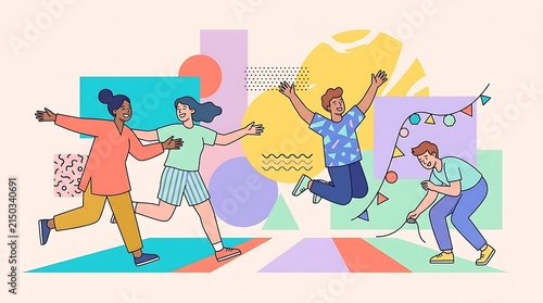 Happy diverse people celebrating together with geometric shapes