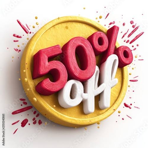 Three Dimensional Fifty Percent Off Sign With Gold Coin And Red White Text On White Background