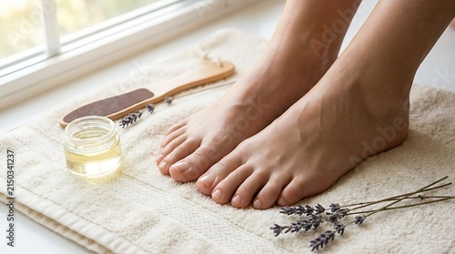 Relaxing foot spa scene with clean feet, massage oil, lavender, and wooden tools on a soft towel, representing wellness, beauty treatment, relaxation, and self care