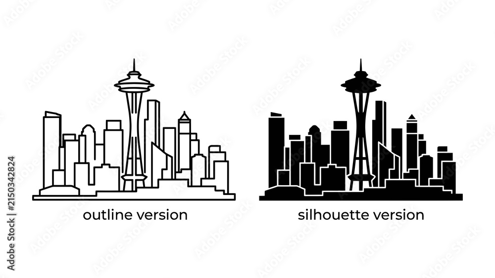 Fototapeta premium Seattle Cityscape Icons: A dual representation of the Seattle skyline, showcasing both an outline and silhouette version of its iconic architecture, perfect for graphic design projects.