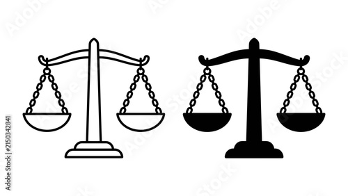 Bild auf Leinwand Scales of Justice: Two stark, iconic representations of the balance scale, one outlined in black and white, the other a bold silhouette, symbolizing fairness, law, and the weighing of evidence