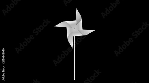 animation of a paper pinwheel spinning faster and faster, on alpha channel black background.