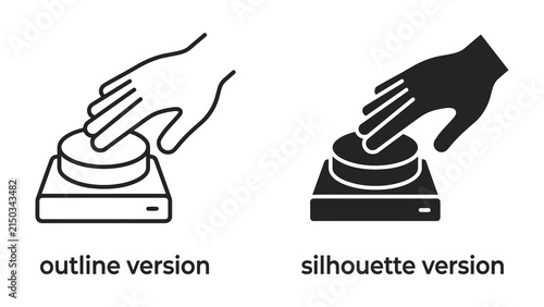 Bild auf Leinwand Pushing the Button: Two contrasting styles, an outline and a silhouette, depict a human hand poised to press a button, symbolizing action, decision, or activation