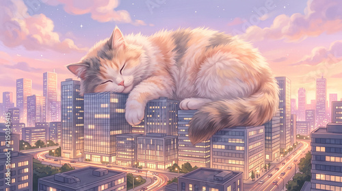 A whimsical illustration of a giant fluffy cat